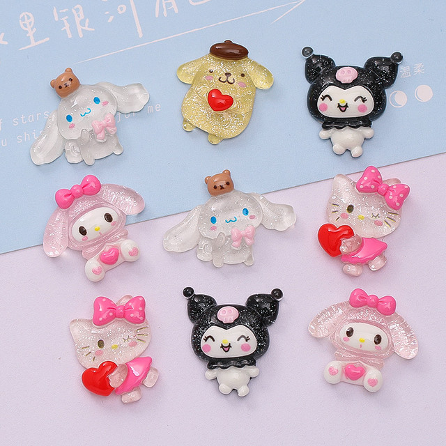 10Pcs Kawaii Sanrio Anime Hello Kitty Kuromi Cute My Melody Cinnamoroll  Glitter Ice Clear Jewelry Accessories